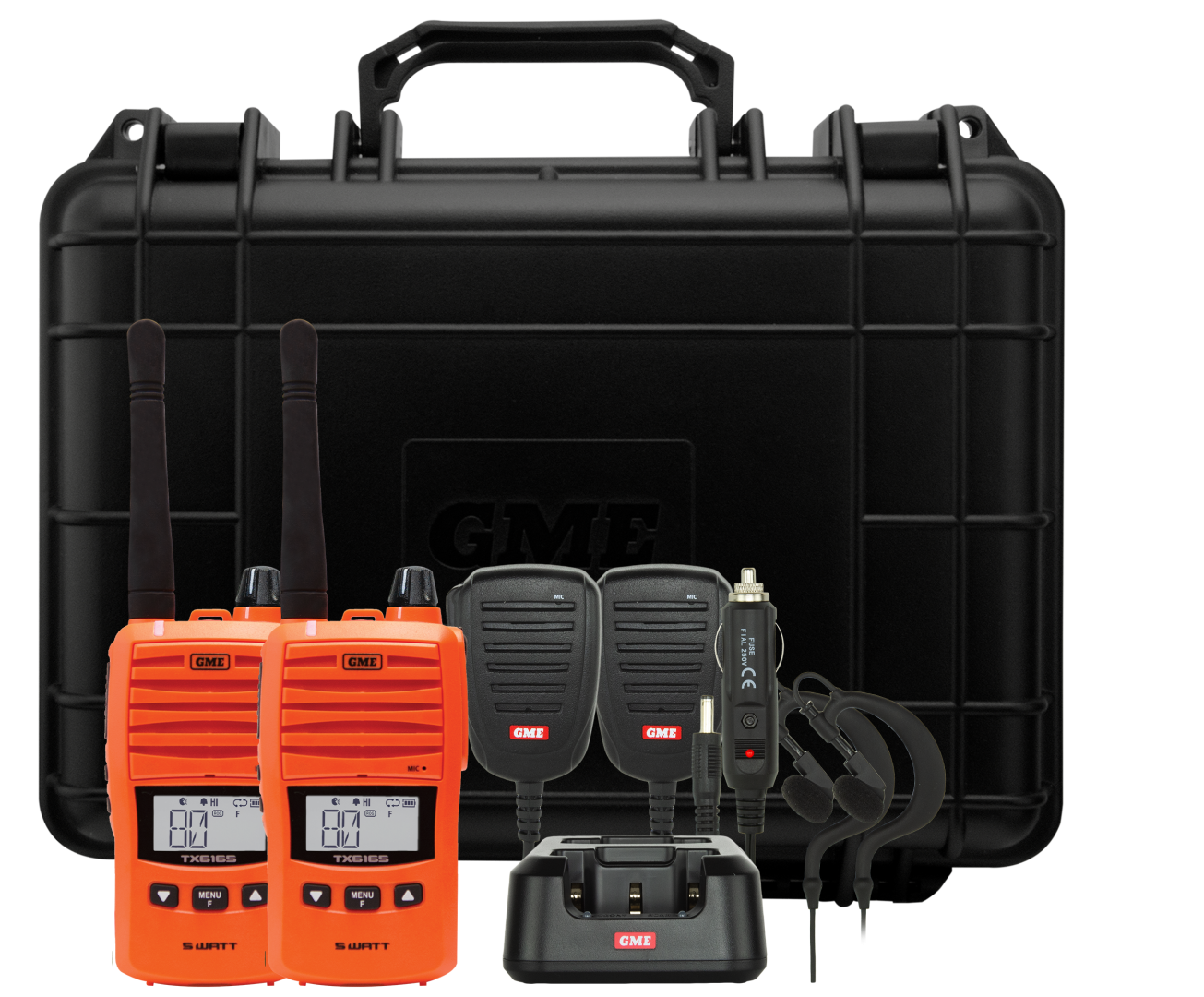 GME TX6165OTP 5/1 Watt UHF CB Handheld Radio including Accessories - Twin Pack - Blaze Orange