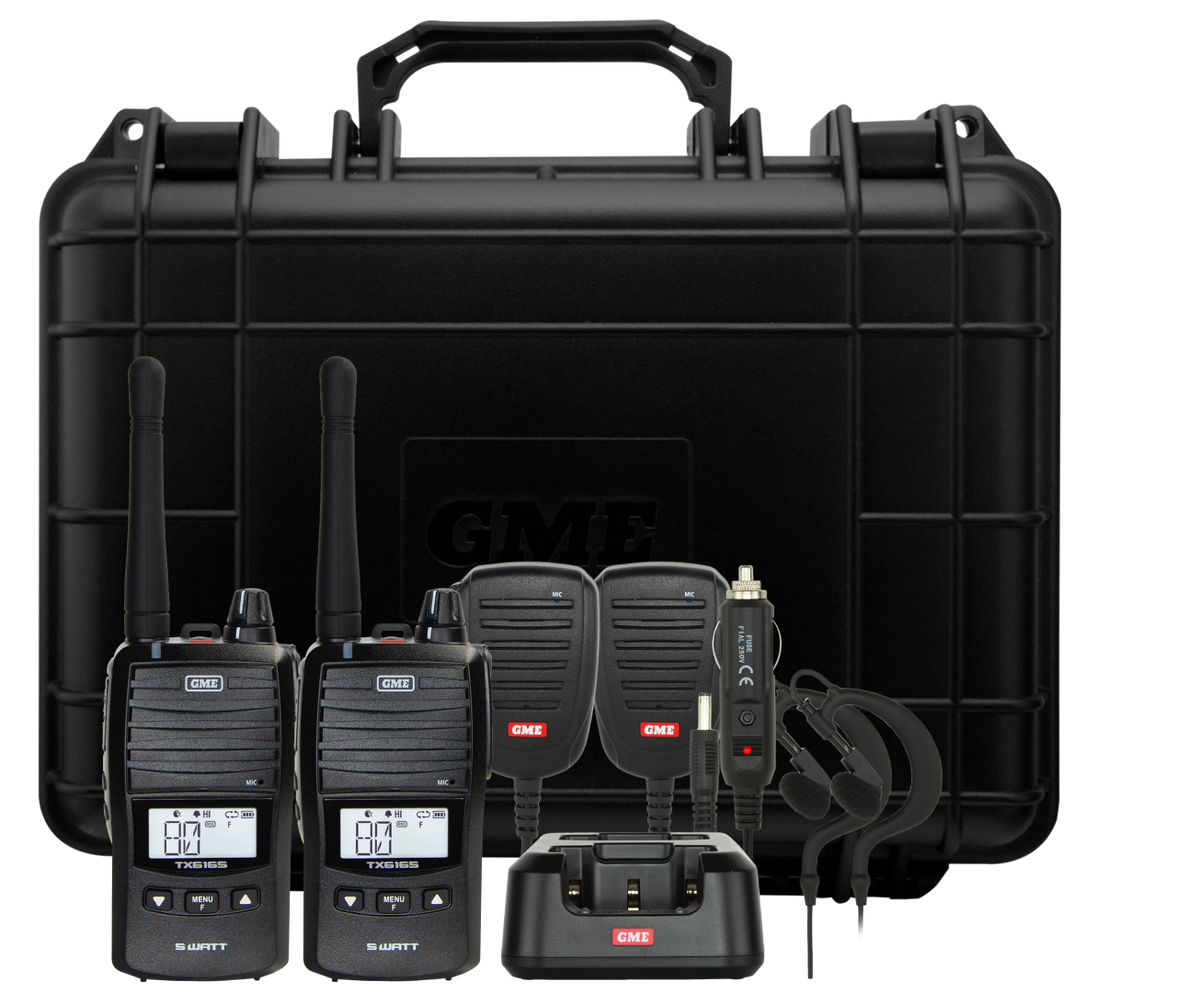 GME TX6165TP 5/1 Watt UHF CB Handheld Radio including Accessories - Twin Pack