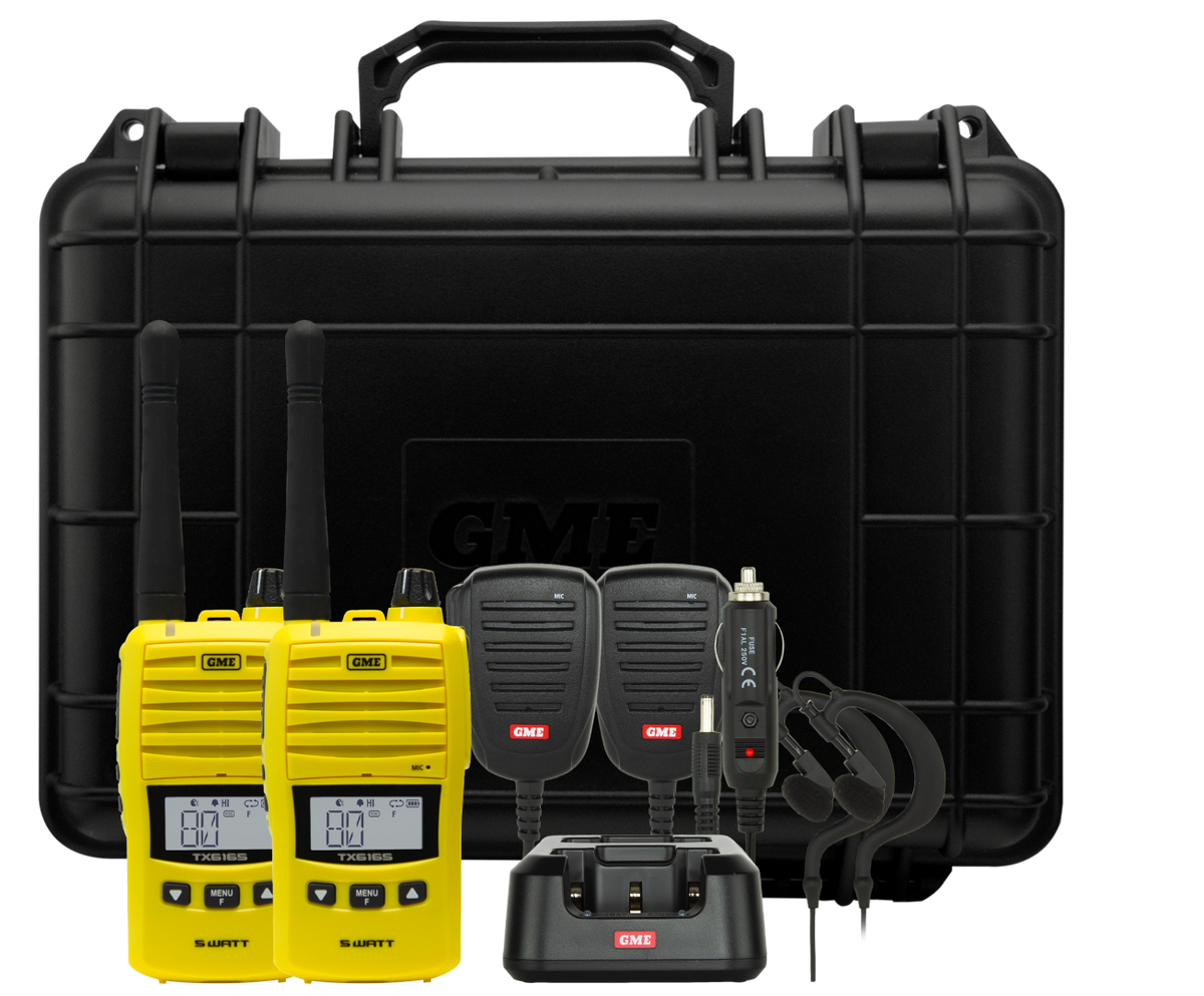 GME TX6165YTP 5/1 Watt UHF CB Handheld Radio including Accessories - Twin Pack - Yellow