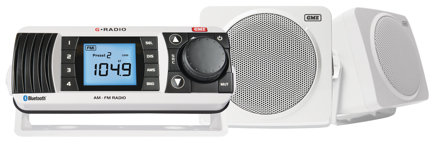 GME GR300BTWEP2 AM/FM IP67 Marine Stereo Entertainment Pack (GR300BTW & S3 Box Speakers) - White