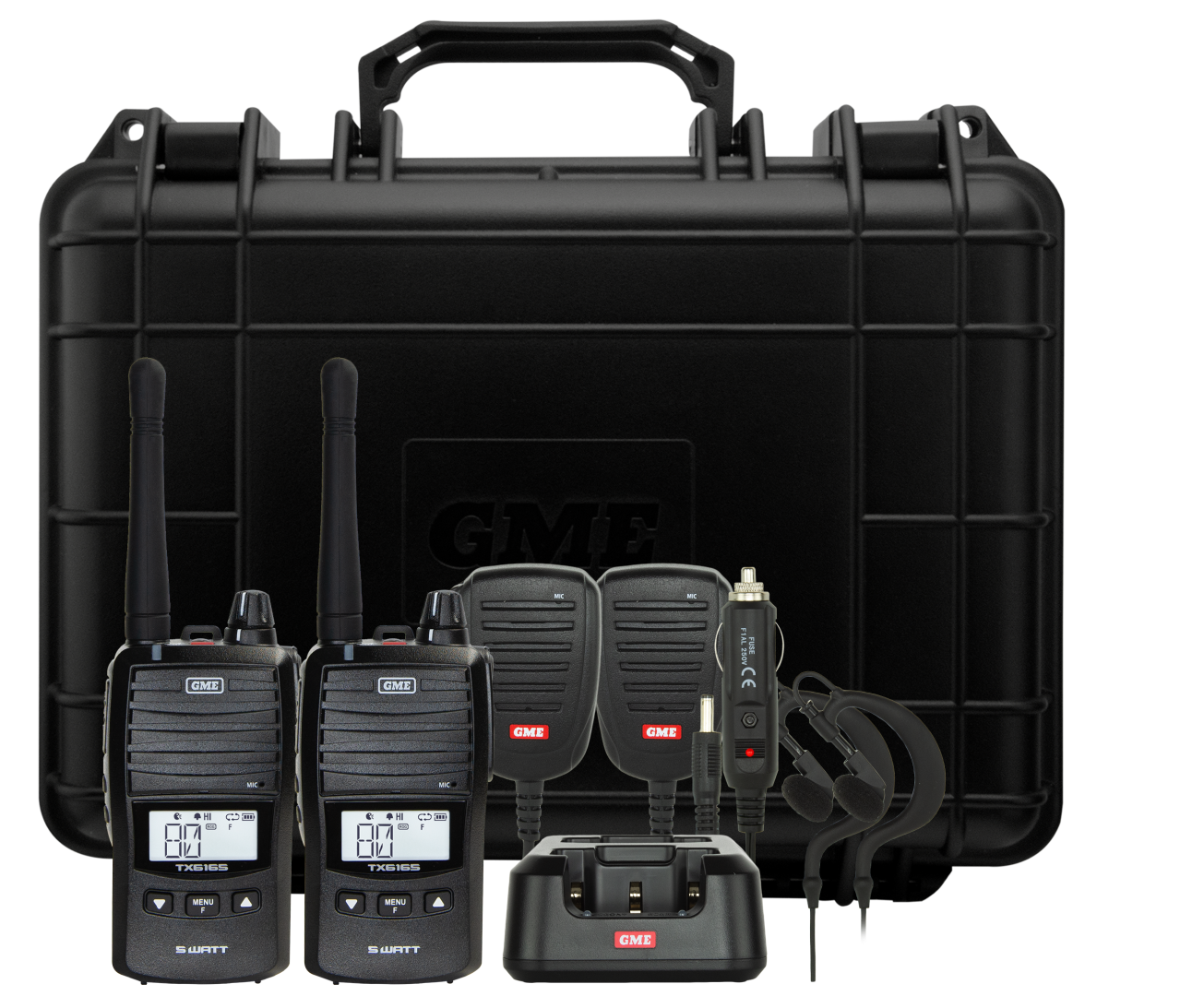 GME TX6165TP 5/1 Watt UHF CB Handheld Radio including Accessories - Twin Pack
