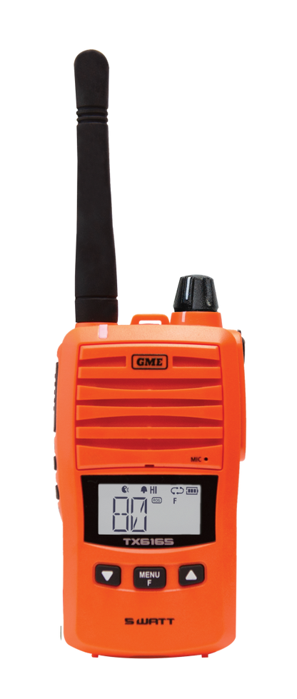 GME TX6165XO 5/1 Watt IP67 UHF CB Handheld Radio - Blaze Orange